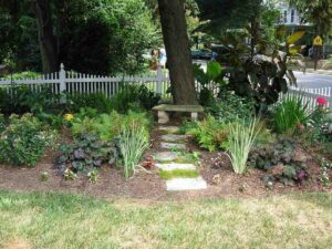 landscaping garden bench with natural shaded corners