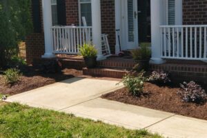 Charlotte, NC's front lawn landscaping with plants and mulch