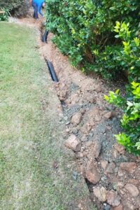Professional drainage system installation and lawn care services in Charlotte, NC, featuring workers cutting a neat trench through turf grass for residential water mitigation.