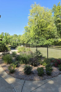 Top garden landscaping in Charlotte, NC, featuring a beautifully designed backyard garden bed with vibrant ornamental grasses and shrubs next to a concrete patio