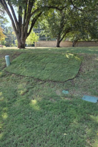 Top garden landscaping project in Charlotte, NC, showcasing a backyard turf establishment and lawn care transformation around a children's play area.