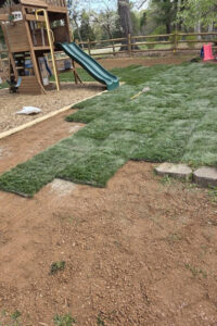 Professional sod installation and lawn care in Charlotte, NC, featuring fresh turf grass being laid next to a wooden backyard playset.